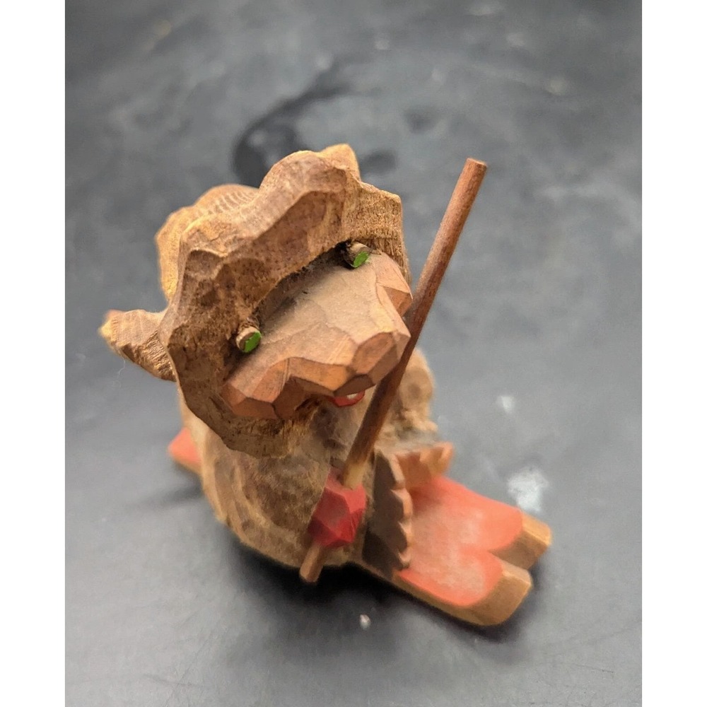Vintage Henning Style Hand Carved Norway Troll Skier Sled 4" Figurine Folk Art